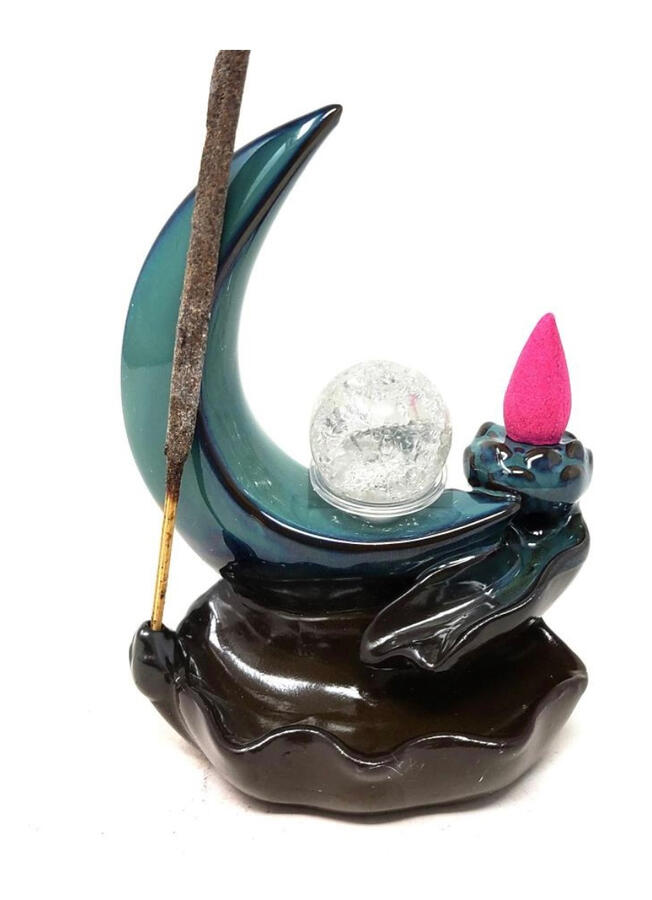 Crescent Moon Crytal Ball Waterfall Backflow Cone Incense Burner 4"W x 5.5"H